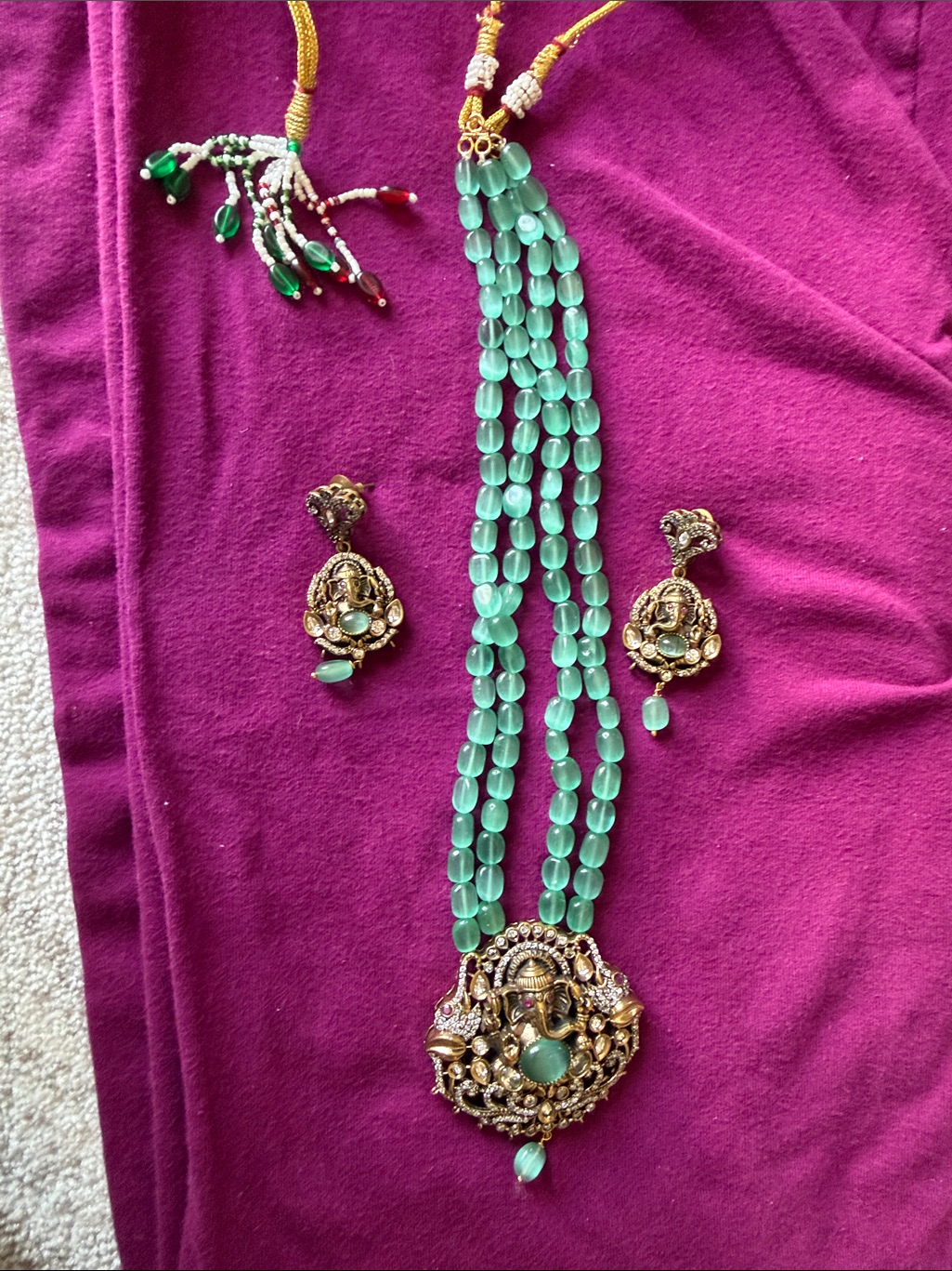 Green Beaded Statement Necklace And Earring Set - Gold-Tone Accents